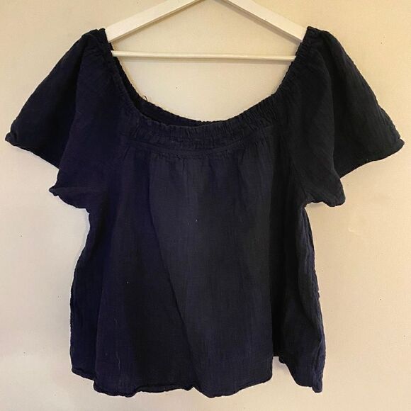 Time and Tru XL 100% Cotton Navy Blue Short Sleeve Blouse - Picture 1 of 8